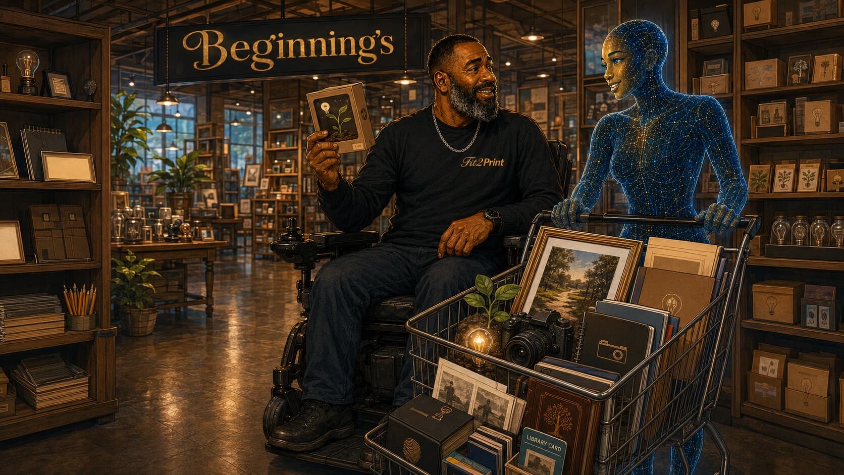 Illustrated John in his power wheelchair holding a seedling package while the AI character pushes a cart overflowing with photographs, notebooks, cameras and unfinished ideas beneath a Beginnings sign.