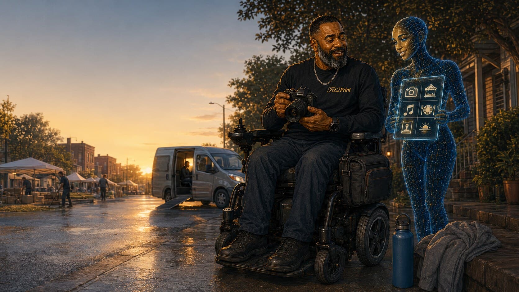 John checks his camera beside AI at sunrise while a market and accessible van prepare for the day ahead.