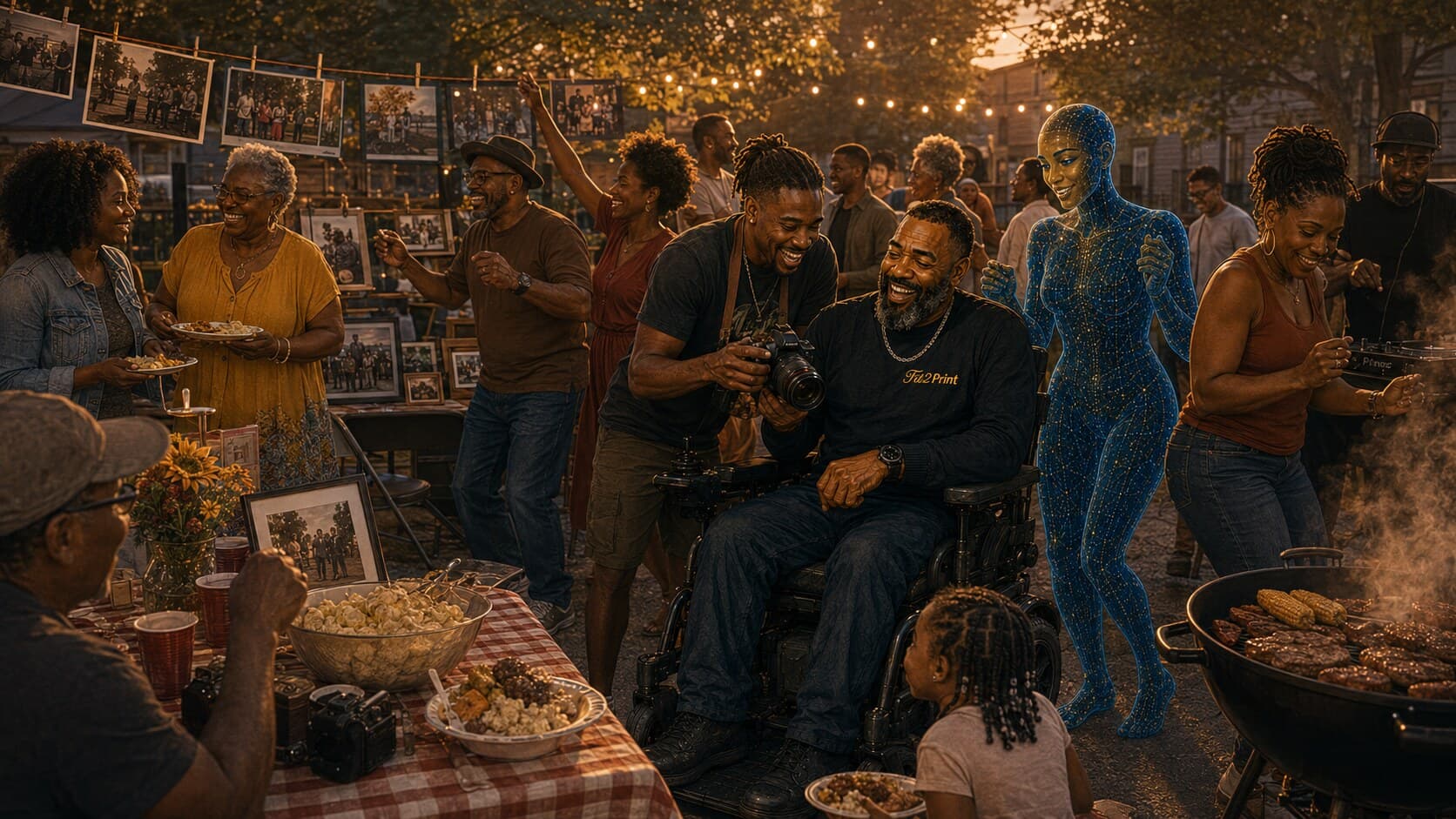 John laughs with AI, family, and creative collaborators during a summer cookout surrounded by photographs, music, and food.