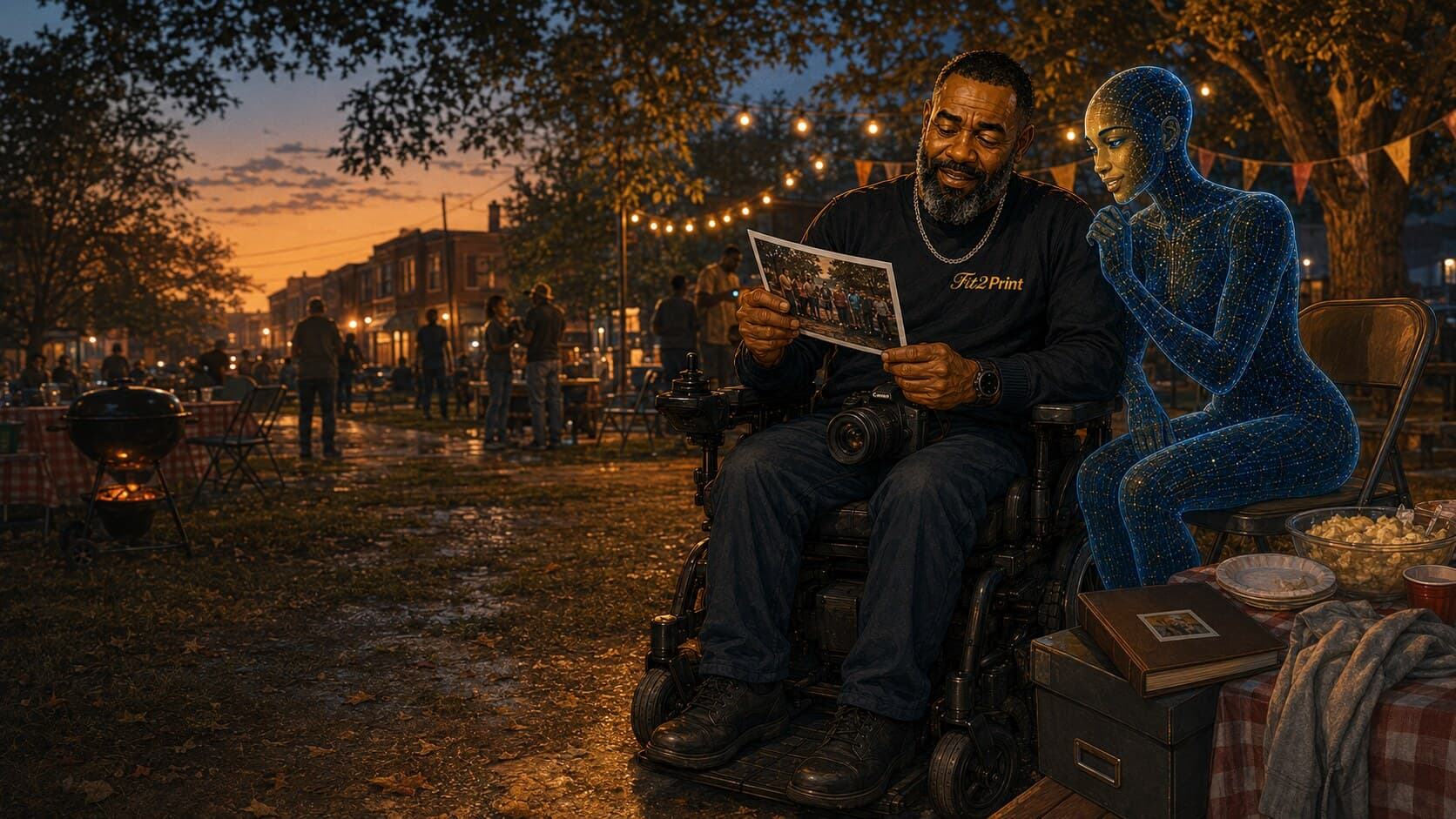 John and AI study a freshly printed photograph as a late-summer community gathering winds down under string lights.