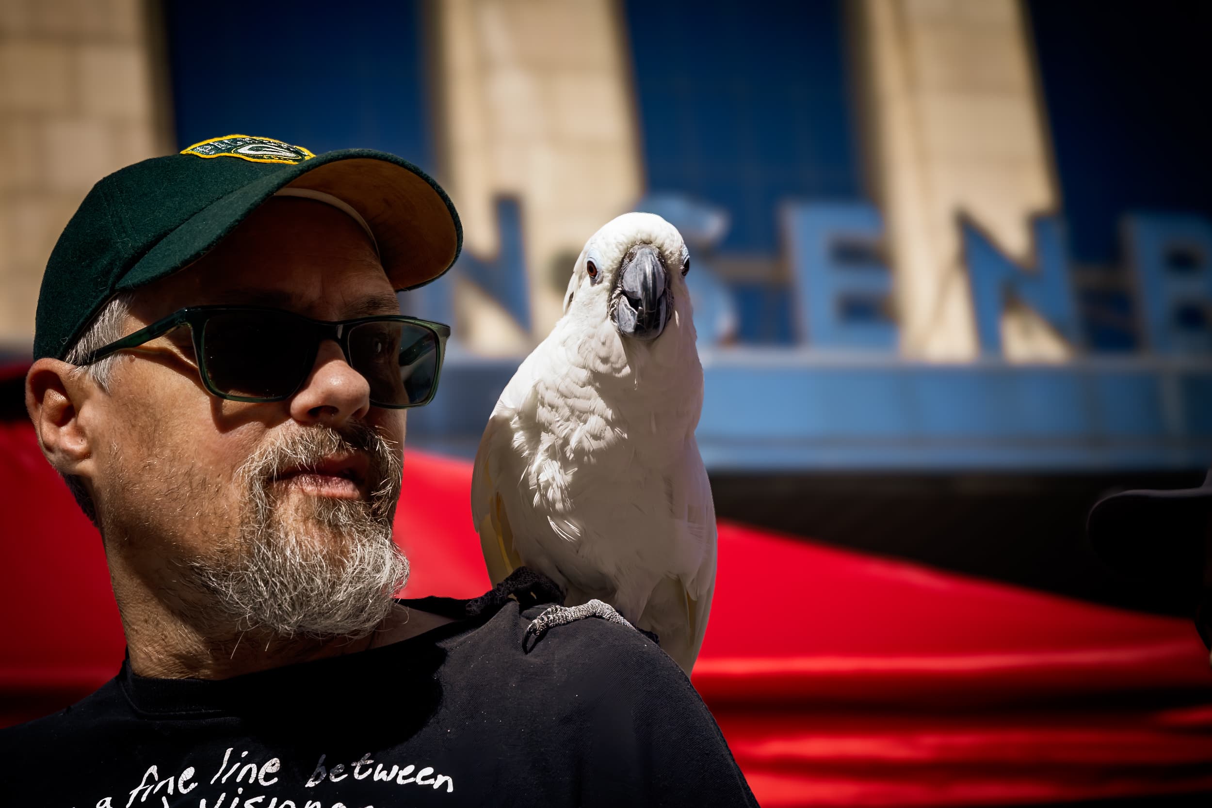 A man wearing sunglasses and a Green Bay Packers cap carries a white cockatoo on his shoulder.