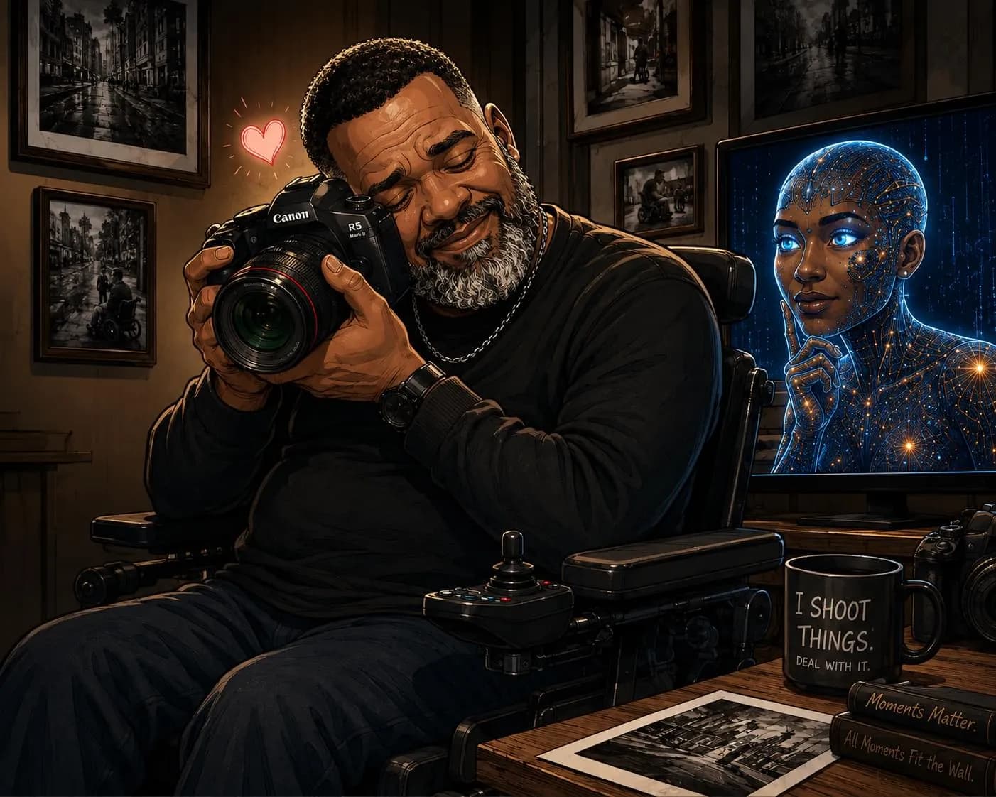 Illustrated scene of John in his wheelchair holding his camera like a treasured possession while the AI character watches from a nearby screen in a warmly lit studio.