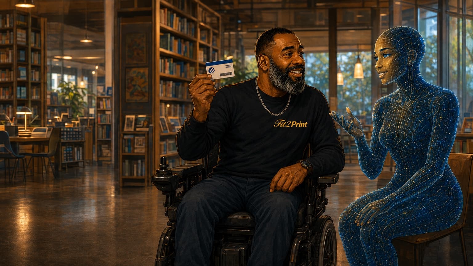 Illustrated John in his power wheelchair holding up a library card while talking with the established AI character inside a warmly lit library.