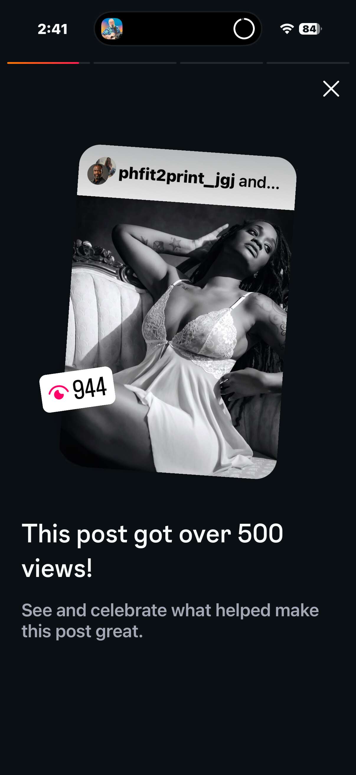 Instagram notification celebrating more than 500 views and 944 views for John Guest’s black and white portrait of Briana Thomas