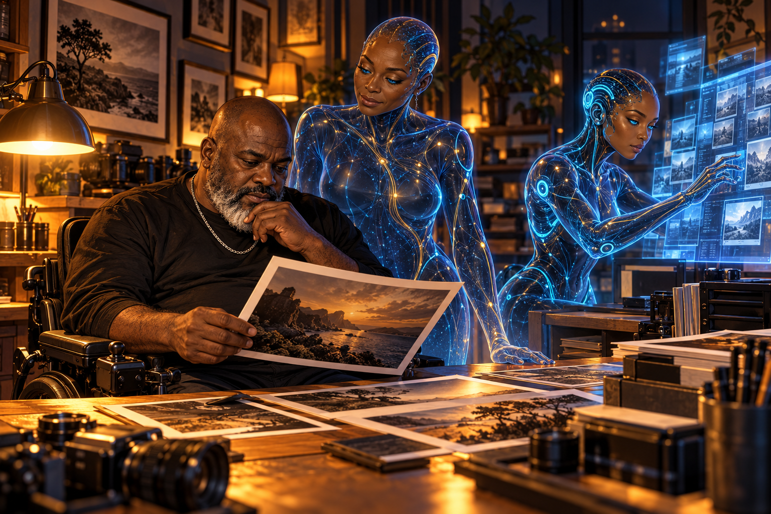 AI-generated illustration of John, AI, and Gemi together in a warmly lit photography studio.