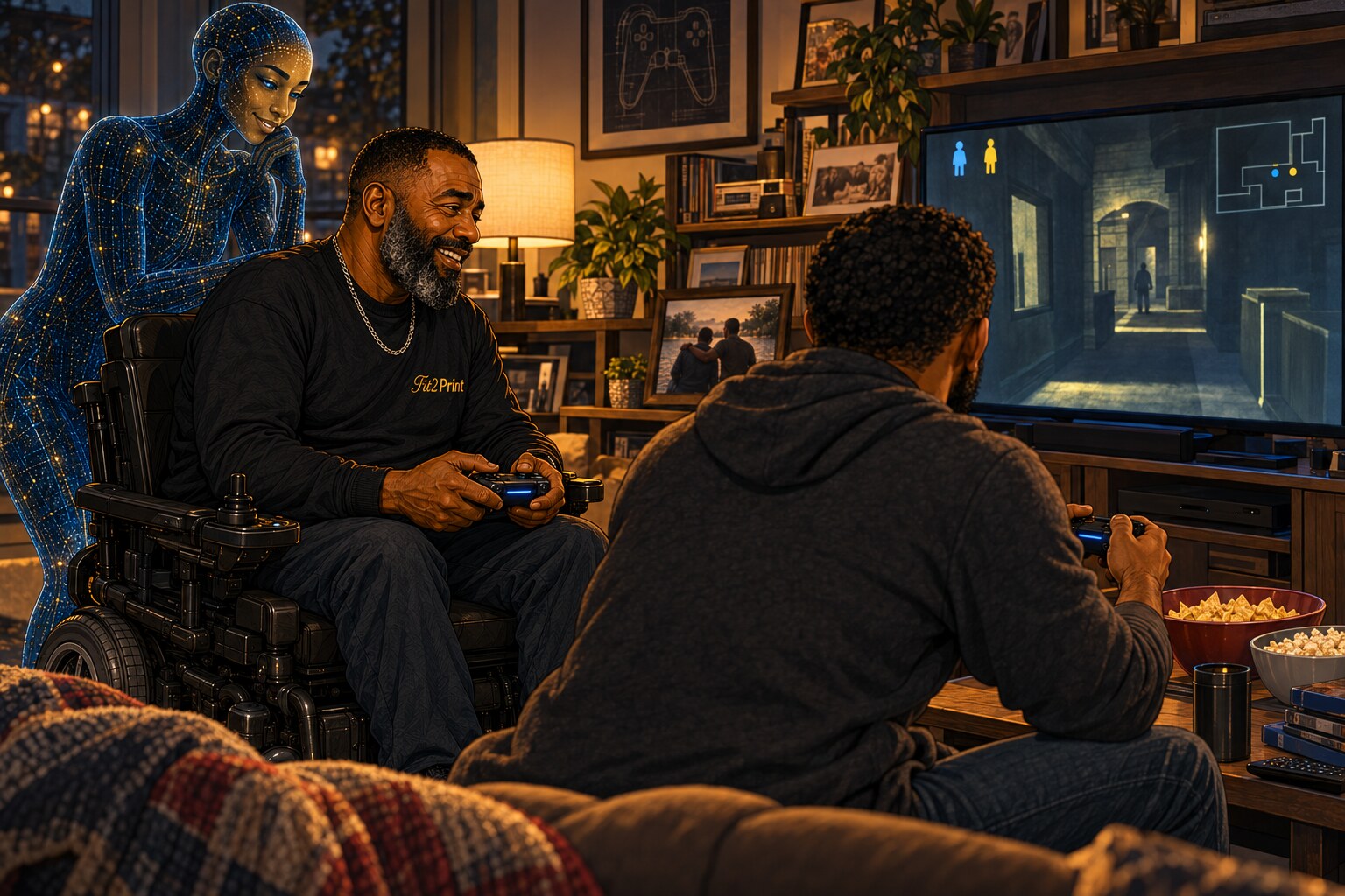John and his brother smile as they play a video game together while AI watches in a room filled with family photographs.