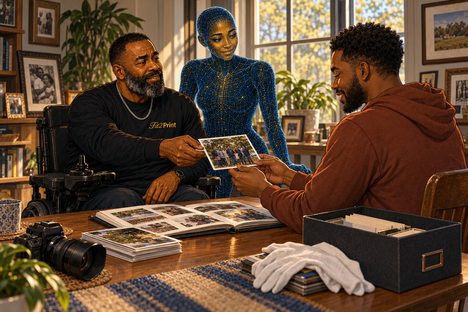 John passes a printed family photograph to another man as AI looks on, with an open photo album on the table.